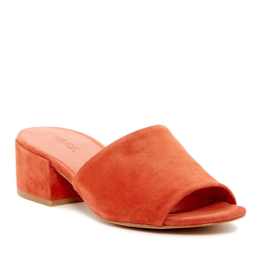 Vince Rachelle Rust Colored Burnt Orange Suede Heeled Mules Slides